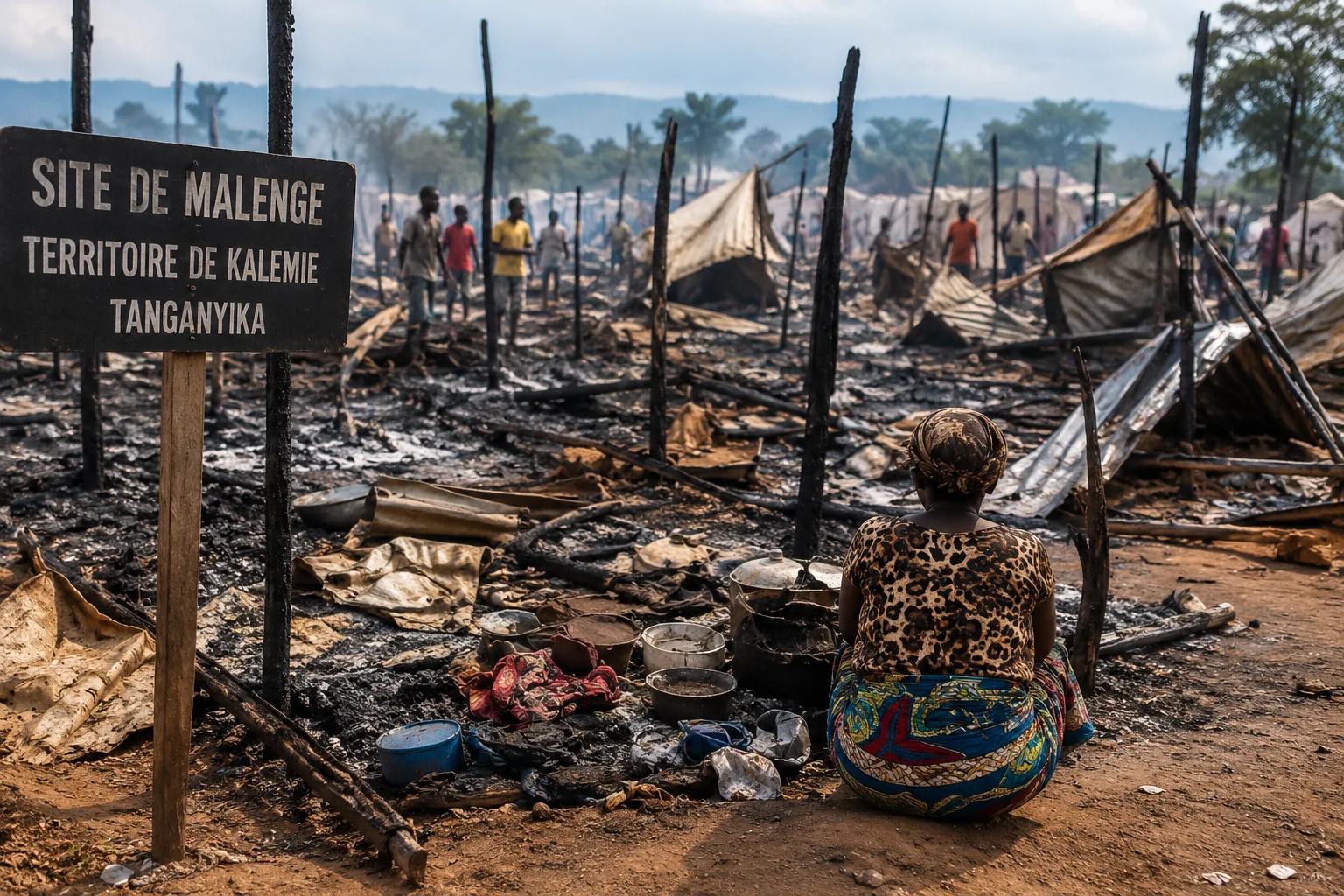 Abris de déplacés détruits après un incendie sur le site de Malenge dans le territoire de Kalemie