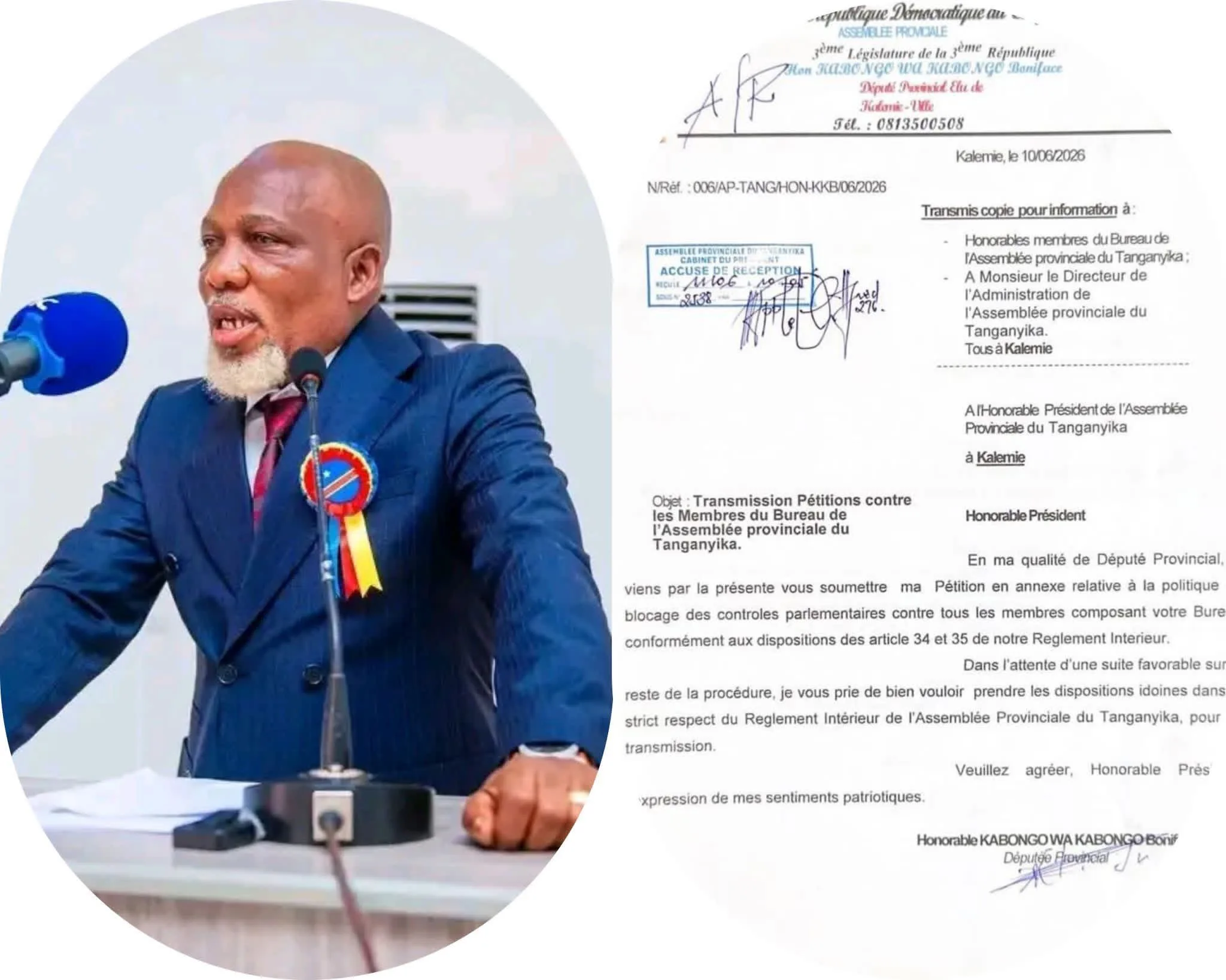 Le député provincial Kabongo wa Kabongo Boniface et une correspondance adressée à l’Assemblée provinciale du Tanganyika...