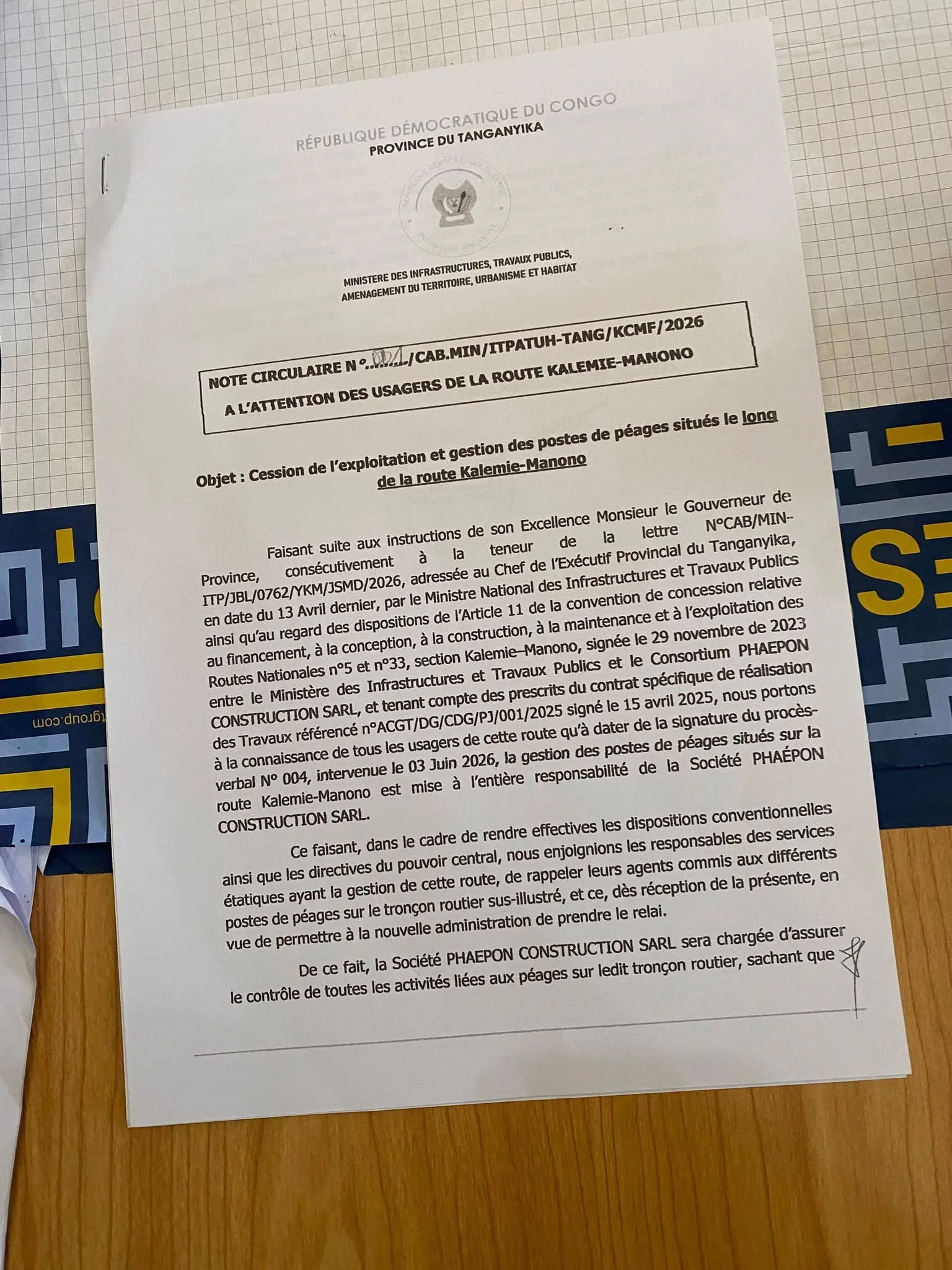 Poste de péage sur la route Kalemie-Manono désormais sous la gestion de Phaepon Construction SARL