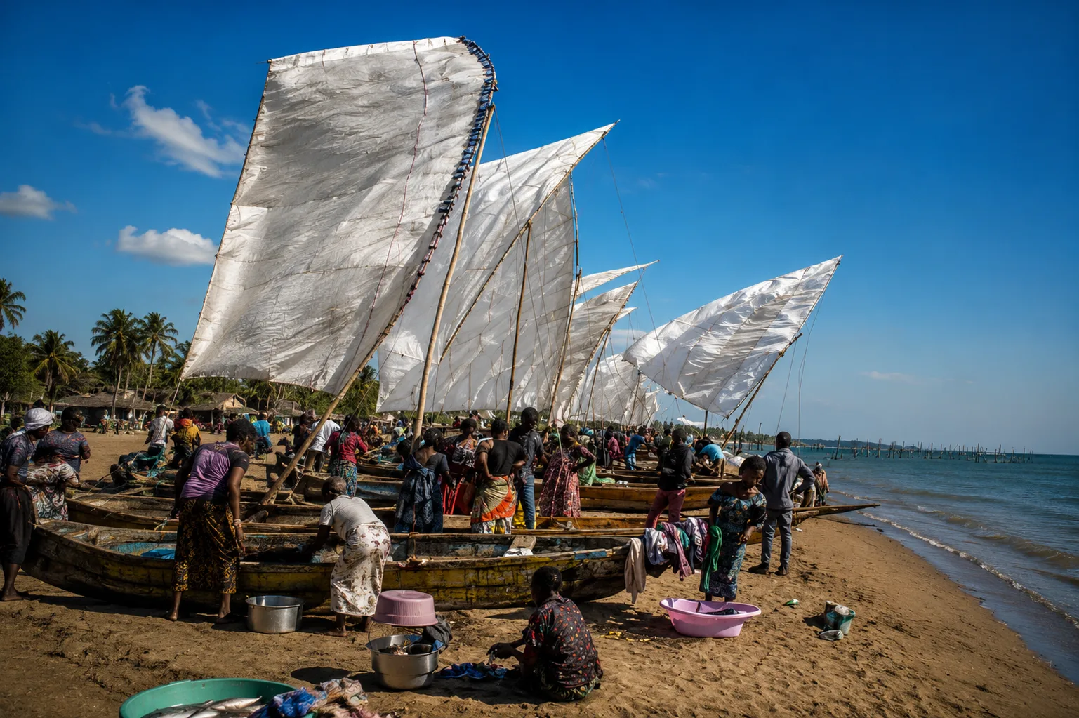 Des pêcheurs sur le lac Tanganyika après le drame survenu à Moliro, dans le territoire de Moba.