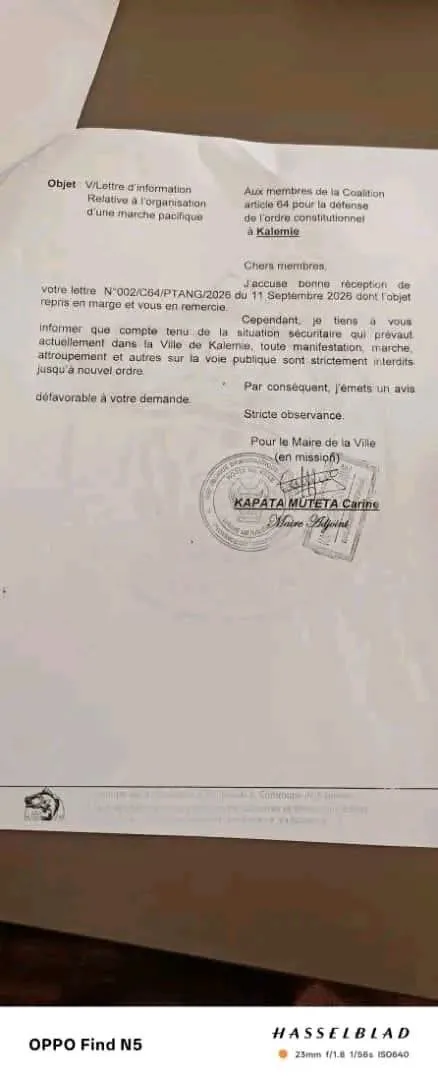 Mairie de Kalemie après l’avis défavorable à la marche de la C64 prévue le 15 septembre