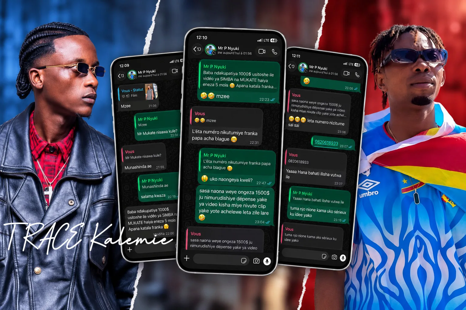 Captures montrant les artistes Mr P Nyuki et Double K de part et d’autre de captures de conversations WhatsApp relative...
