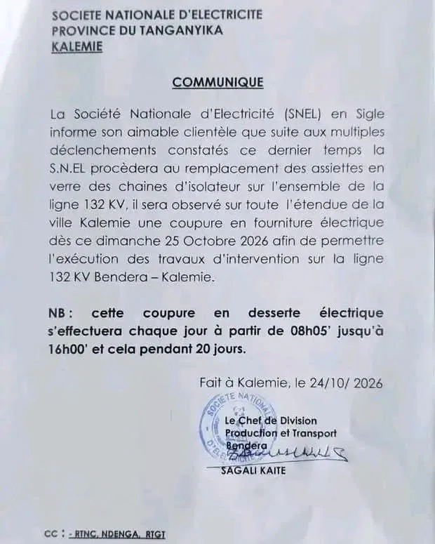 Communiqué officiel de la SNEL annonçant 20 jours de coupures quotidiennes d’électricité à Kalemie à partir du 25 octob...