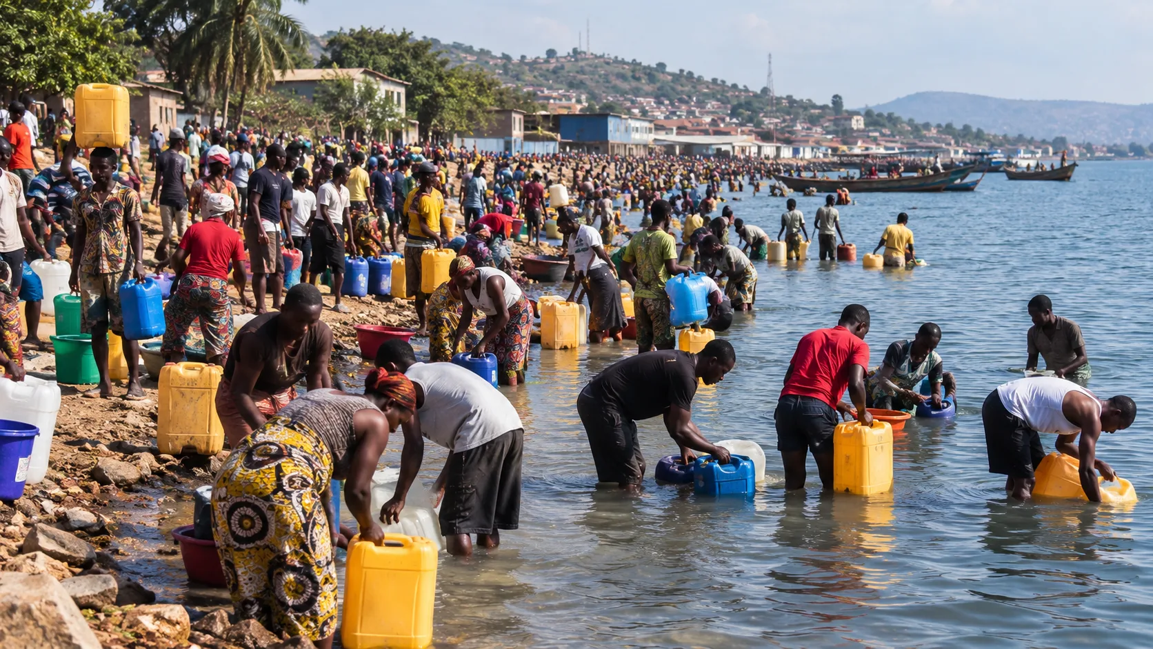 Des habitants de Kalemie s'approvisionnent en eau au bord du lac Tanganyika pendant la crise d'eau potable qui touche l...