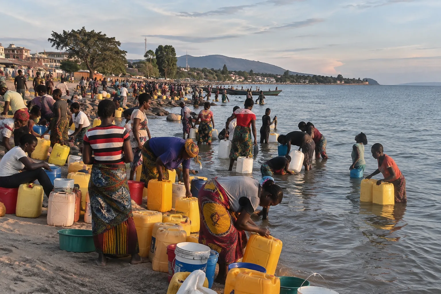 Habitants de Kalemie venus chercher de l’eau au lac Tanganyika pendant la pénurie qui touche plusieurs quartiers