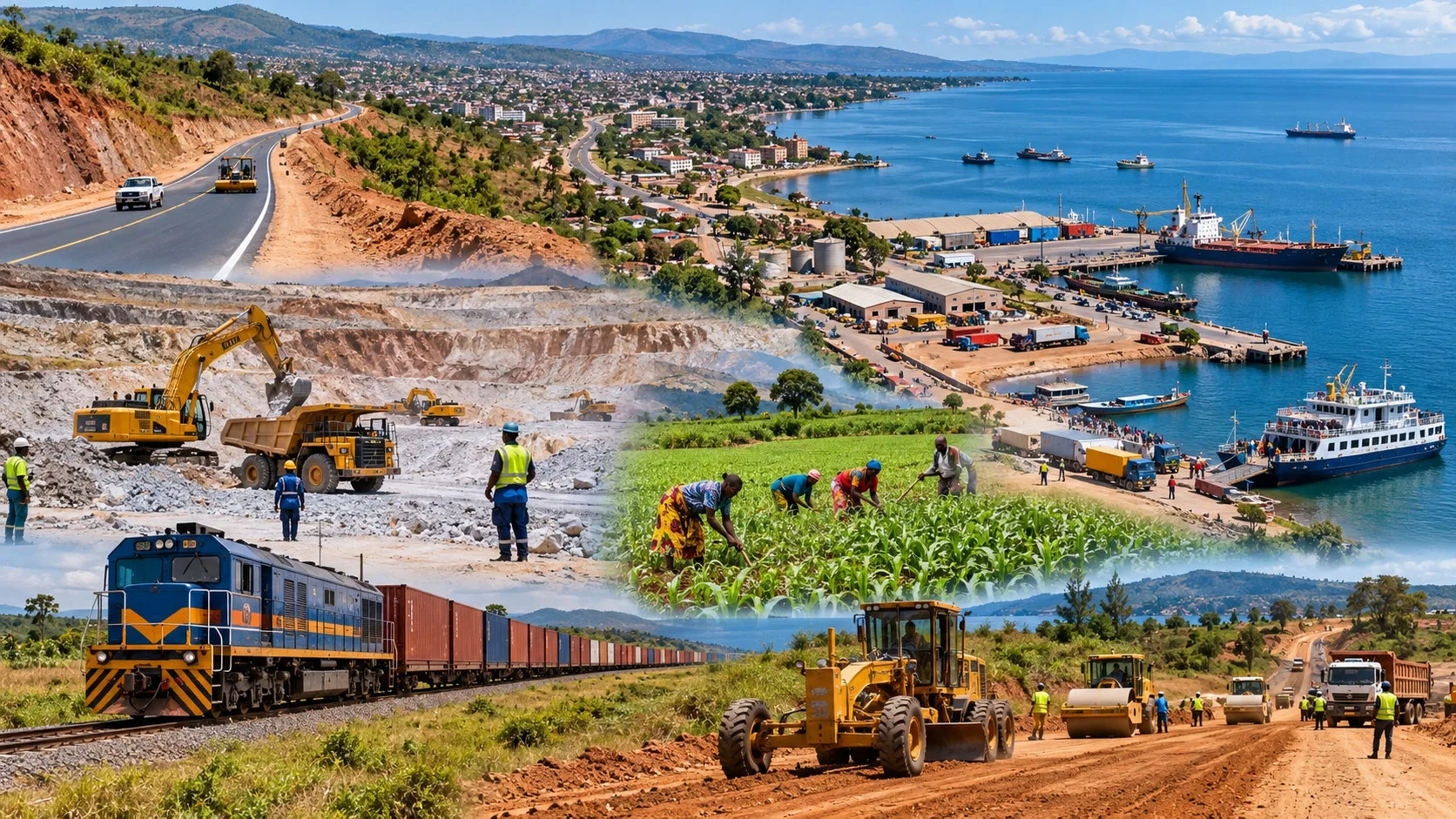 Infrastructures routières, transport, activités minières et lac Tanganyika illustrant les enjeux du développement économique de la province