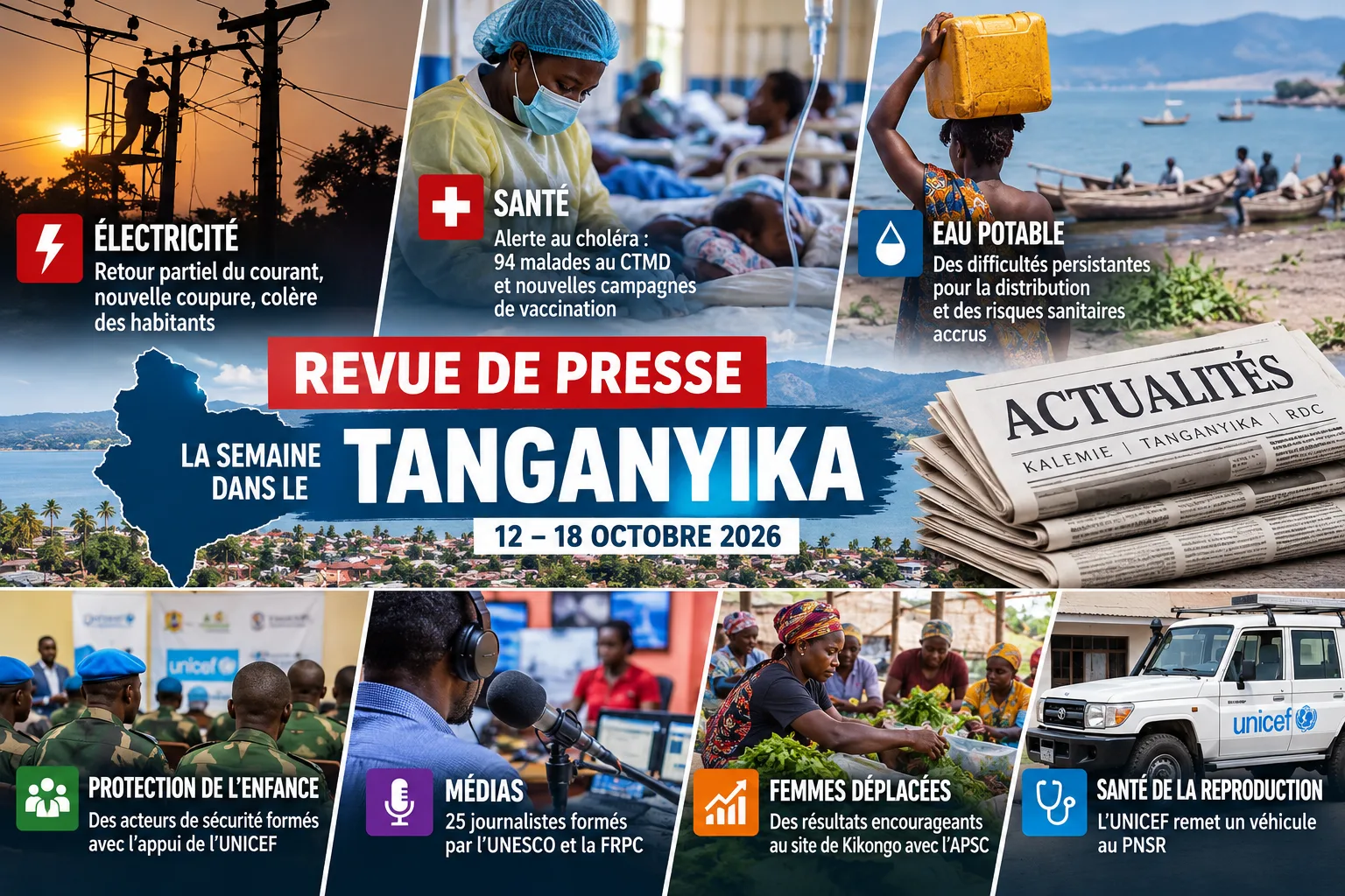 Montage de presse illustrant les principales actualités de Kalemie et du Tanganyika du 12 au 18 octobre 2026 : électricité, santé et initiatives communautaires.