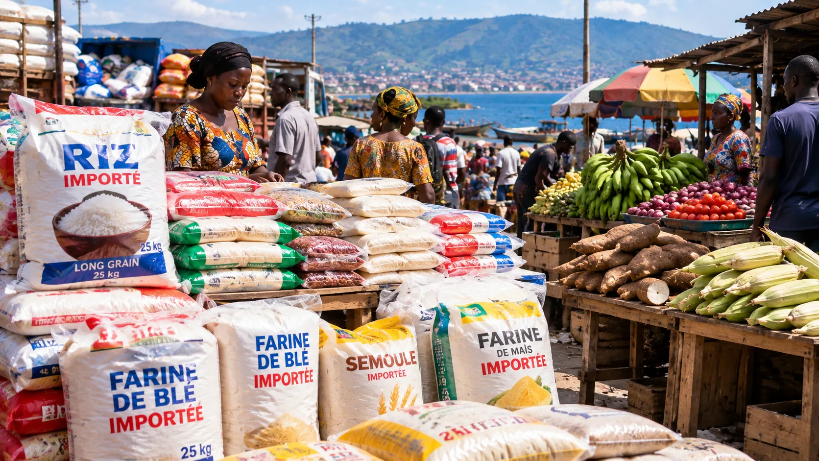 Produits agricoles et alimentaires commercialisés au Tanganyika, illustrant les défis de la production locale face à la dépendance aux denrées importées
