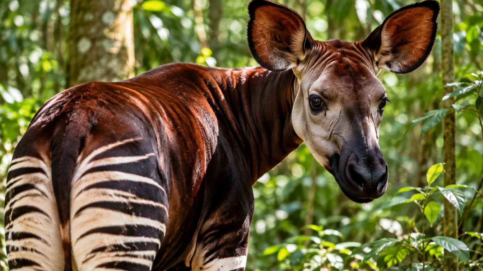 Un okapi dans son habitat forestier naturel en République démocratique du Congo, espèce menacée par le braconnage et la destruction des forêts.