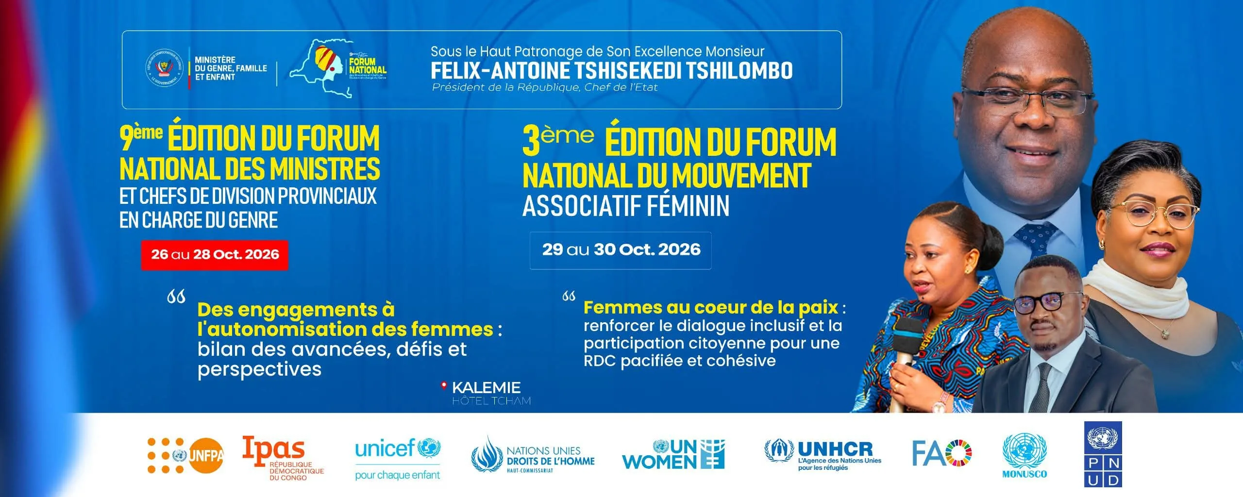 Visuel annonçant deux forums nationaux sur le genre et le leadership féminin prévus du 26 au 30 octobre 2026 à Kalemie,...